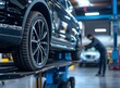 © cool graphic - The mechanic is changing the tires of an SUV on a lifting platform in a modern auto repair shop, with a focus on the wheel and a profile view of the vehicle. The background is blurred,