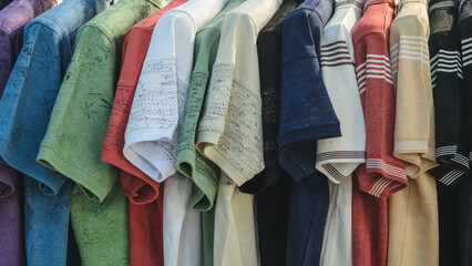 Poster - A row of shirts hanging on a rack, with a variety of colors and patterns. The shirts are neatly folded and arranged in a way that makes them easy to see and choose from. Scene is one of organization