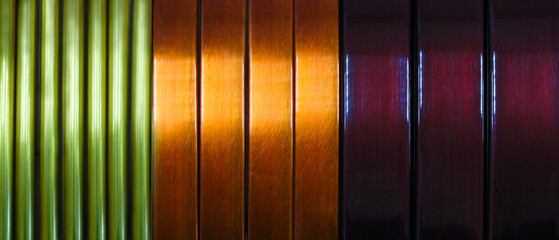 Poster - A series of panels of different colors, including green, brown and orange, as a background for the template banner. The panels are arranged in such a way that a sense of depth and volume is created.