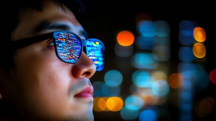 Man wearing glasses reflecting city lights and code.