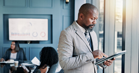 Poster - Business, reading and mature man with tablet, meeting and review of stock market on website and serious. Office, people and account manager with tech for industry trends, online and stats of company