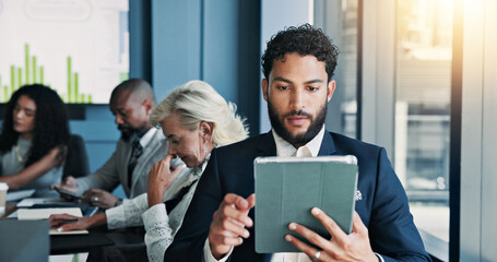 Fototapete - Business, online and man with tablet, browsing and review of stock market on website and colleagues. Office, people and sales manager with tech for industry trends, reading and stats of company