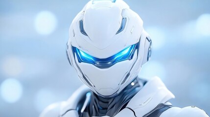Futuristic robot head, close-up.  Advanced, white,  technological,  robotic,  modern,  cyberpunk,  AI,  sci-fi,  intelligent,  armor,  helmet,  eyes,  glowing,  blue,  light