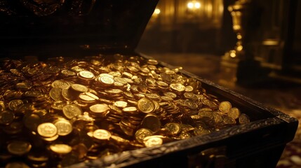 Gold coins overflow antique chest; opulent room background; wealth concept
