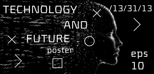 Leinwandbilder - Digital art poster with a pixelated head silhouette and geometric elements on a black background, conveying a futuristic tech theme.