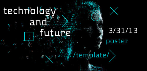 Aufkleber - Digital art poster with a pixelated head silhouette and geometric elements on a black background, conveying a futuristic tech theme.