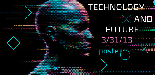Aufkleber - Digital art poster with a pixelated head silhouette and geometric elements on a black background, conveying a futuristic tech theme.