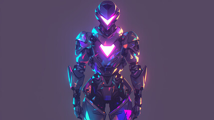Futuristic humanoid robot with vibrant neon lights standing against a gradient background, showcasing advanced technology
