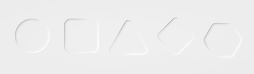 White buttons neumorphic design. Geometric shapes on white background with light smooth shadows. Web elements geometry modern design.