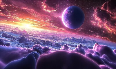 Wall Mural - Vibrant Cosmic Landscape of a Distant Planet Above a Sea of Colorful Clouds at Sunset