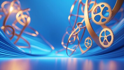 Wall Mural - abstract composition featuring golden gears amidst swirling blue waves, evoking a sense of innovatio