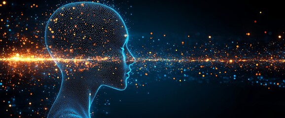 A luminous brain network within a human head represents digital brain, analysis of information, cyber mind, deep and machine learning, and consciousness, all on a technology background
