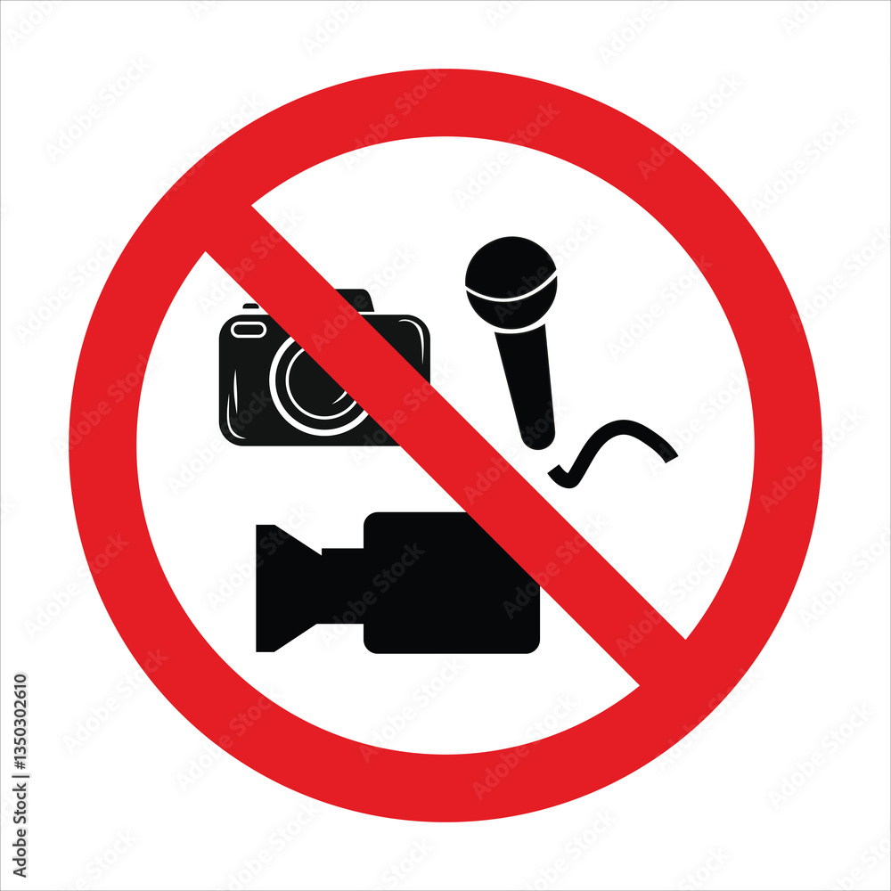 Red prohibition sign with camera, microphone, and video camera crossed ...