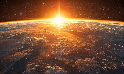 Wall Mural - Stunning Sunrise Over Earth Captured from Space Showing Dramatic Light and Vibrant Atmosphere in a Scenic Cosmic Landscape