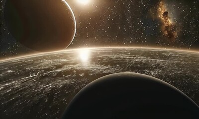 Wall Mural - Breathtaking View of Celestial Bodies from the Surface of a Distant Planet in an Expansive Cosmic Landscape with Stars and a Bright Sun
