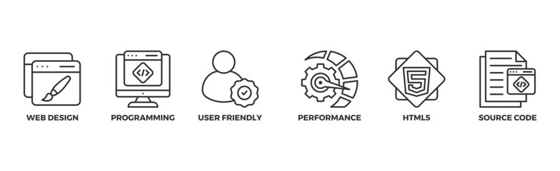Mobile first banner web icon illustration concept for responsive web design with icon of webdesign, programming, user-friendly, performance, html5 and source code	