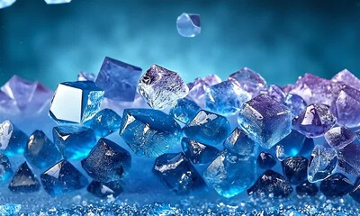 Close Up of Shimmering Blue and Purple Crystals with Light Reflections and an Ethereal Background in a Delicate Abstract Composition