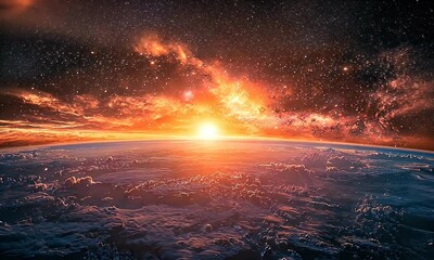 Wall Mural - Stunning Sunrise Over Earth with Celestial Colors and Twinkling Stars in the Cosmic Horizon of Deep Space