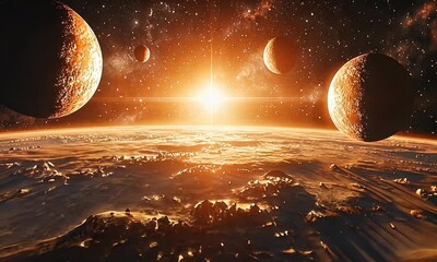 Wall Mural - Dramatic Sunrise Over Rocky Planets in Outer Space with Bright Stars and Cosmic Landscape Showcasing the Vastness of the Universe