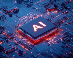 Wall Mural - close-up view of a circuit board featuring an ai processor surrounded by colorful lights and complex