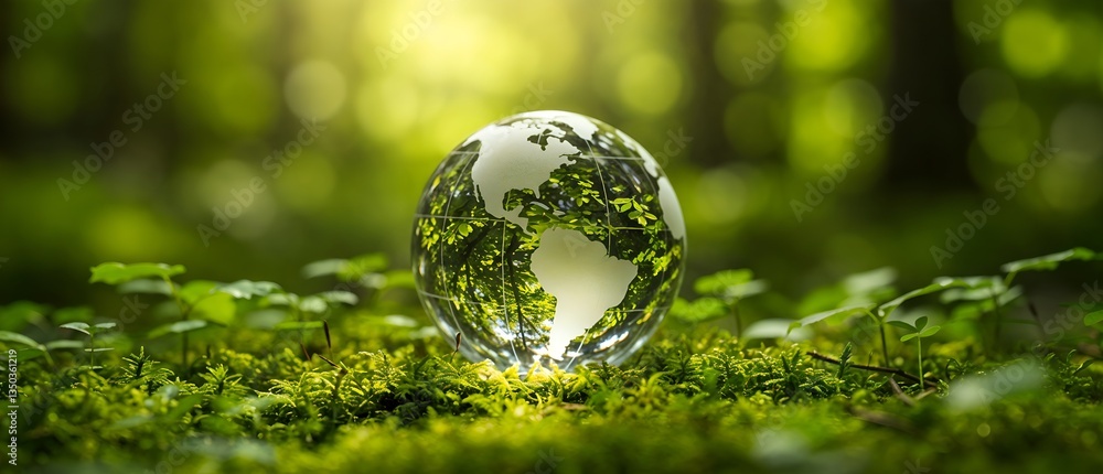 Transparent glass Earth globe on lush moss in a forest, representing ...