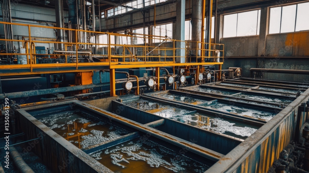 Industrial flotation cells separating valuable minerals from waste rock ...