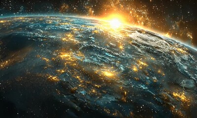 Wall Mural - Stunning Aerial View of Earth at Sunrise with Illuminated Cities and Stars in a Cosmic Landscape