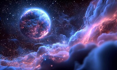 Wall Mural - Vibrant Cosmic Landscape with Colorful Nebula and Glowing Planet Surrounded by Twinkling Stars in a Mystical Space Scene