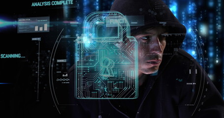 Hacker in hoodie surrounded by digital lock interface, focused on computer screen