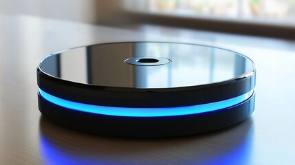 Futuristic Tech Gadget: Sleek Black Disc with Blue LED Light