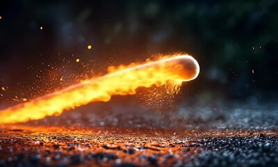 Wall Mural - Dynamic Stream of Flaming Meteor Traveling Across a Dark Surface Creating a Trail of Sparks and Energy in a Beautiful Cosmic Display