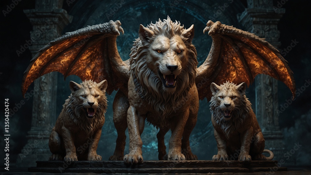 A chimera hound with three heads—wolf, lion, and dragon—guarding a