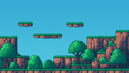 Wall Mural - 8-bit pixel art game level background. retro style pixelated background. blue sky. trees and mountai