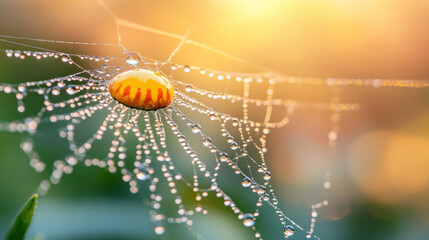 A spiderweb with a yellow and orange object on it, surrounded by dewdrops, against a blurred green background with a soft golden light.