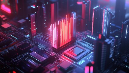 Abstract futuristic digital landscape featuring glowing circuits, vibrant light patterns, and a colorful array of illuminated technology elements in a cybernetic theme