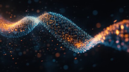 Digital strand binary flux information bridge with glowing particles symbolizing data flow complexity