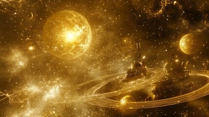 Futuristic spaceship exploring a newly discovered exoplanet surrounded by glowing rings and orbiting multiple suns