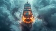 © Almazistock - A massive cargo ship navigating through turbulent ocean waters, surrounded by dramatic storm clouds