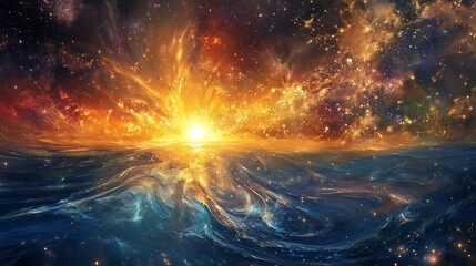 Wall Mural - Abstract cosmic explosion in space with orange and blue hues creating ethereal effect