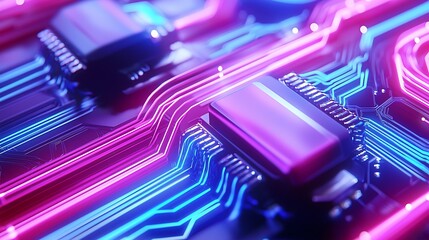 Wall Mural - Circuit Board Close-up, Neon Lights