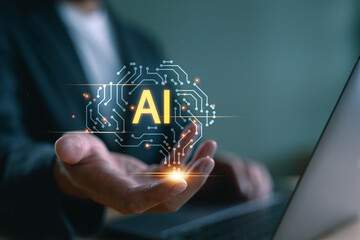 Poster - Ai technology, Artificial Intelligence. Businessman show technology smart robot AI, artificial intelligence deep learning, Futuristic technology transformation. Technology smart robot AI agents.