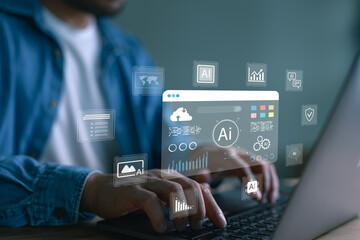 Poster - AI Business Management, Professional Using Digital Technology for Data Analysis, AI smart automation, Artificial intelligence, enhancing human lives and business efficiency with Ai technologies.