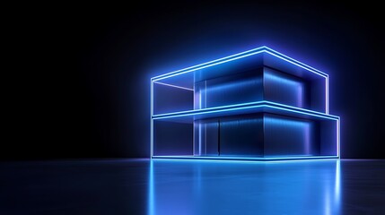 Wall Mural - Neon House 3D Model, Dark Background