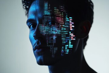 Wall Mural - A man's face is superimposed with colorful coding, symbolizing the fusion of human and digital intelligence.