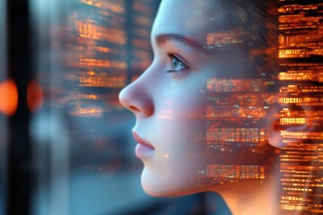 Wall Mural - a young woman's profile is superimposed with flowing digital code, symbolizing the fusion of human i