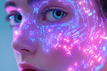 Wall Mural - a close-up of a woman's face with a futuristic circuit board design glowing on her skin.