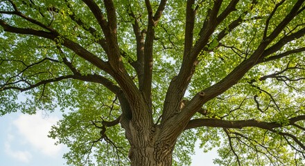Upward view of tree with vibrant green leaves against bright sky