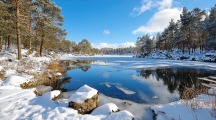 Wall Mural - icy lake reflecting the blue sky, surrounded by snow-laden evergreen trees, winter tranquility.