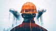 © ichzigo - Double Exposure of a Civil Engineer in Hard Hat Overlooking a Steel Bridge Under Construction