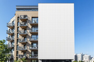 Poster - Modern apartment building with balconies and large blank wall for advertisement or design mockup.